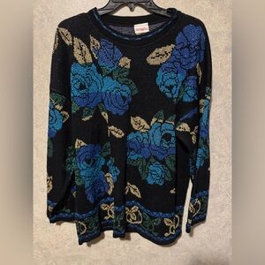 Holiday Time Womens Sweater m Black Roses Metallic Knit Long Sleeve Pullover